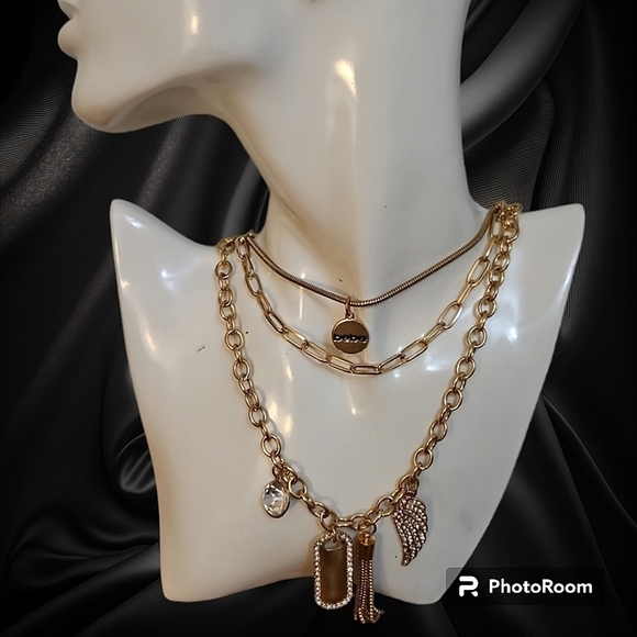 bebe Jewelry - BEBE Goldtone Layered  Esclavage Rhinestone Charm Bling Chain Necklace